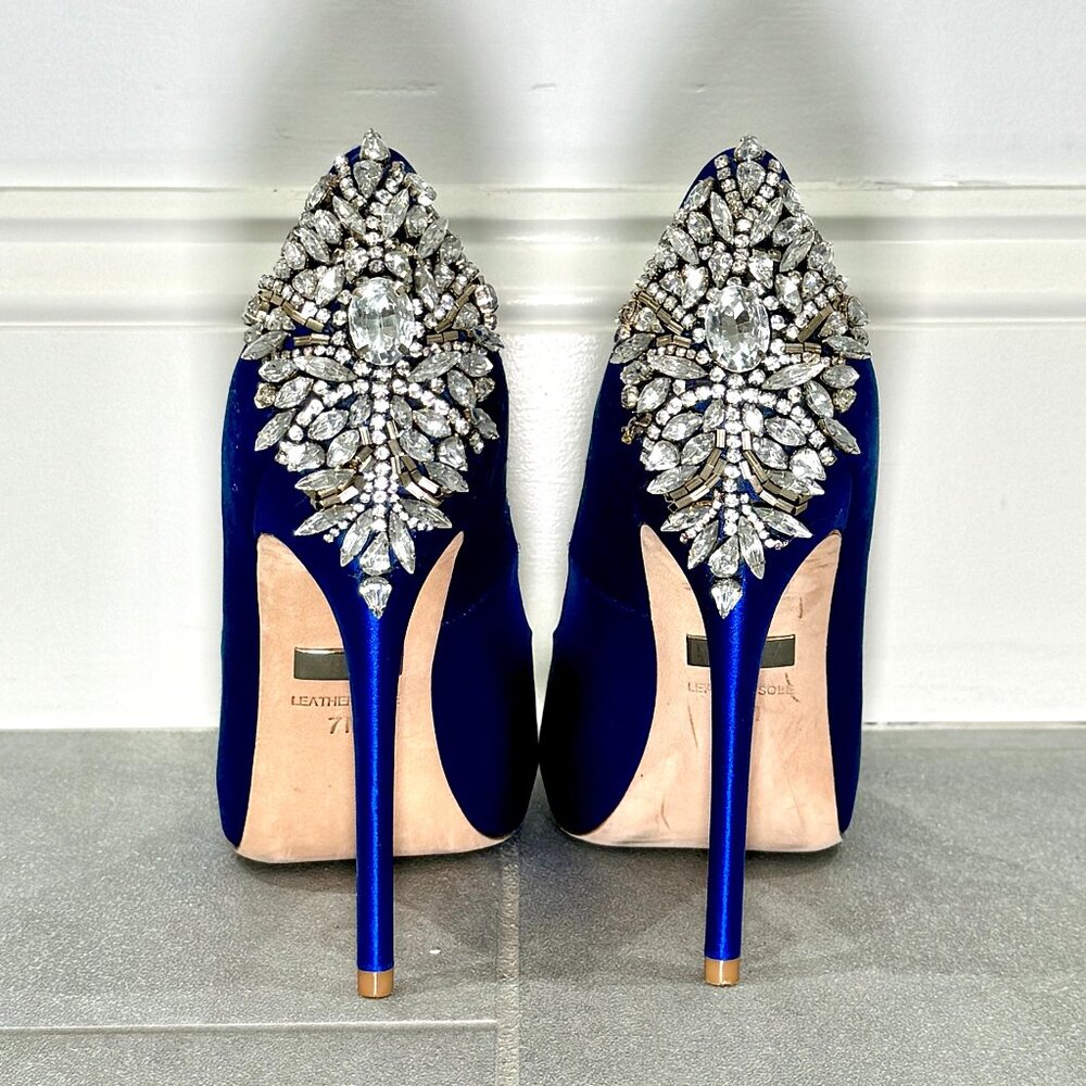 Blue satin crystal high heel peep toe pumps size 7